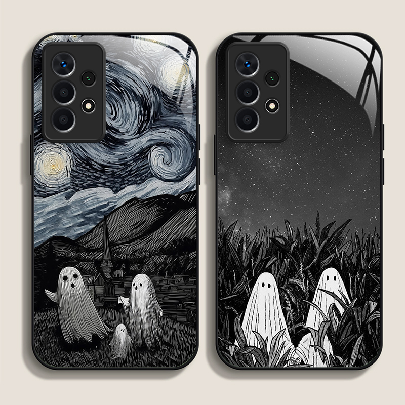 Phone Cases For Samsung S21 5G - 面白い幽霊の抽象芸術柄強化ガラス製スマホケース、Samsung Galaxy S25 Ultra、S24、S23 Plus、S22、S21、S20 FE、A56