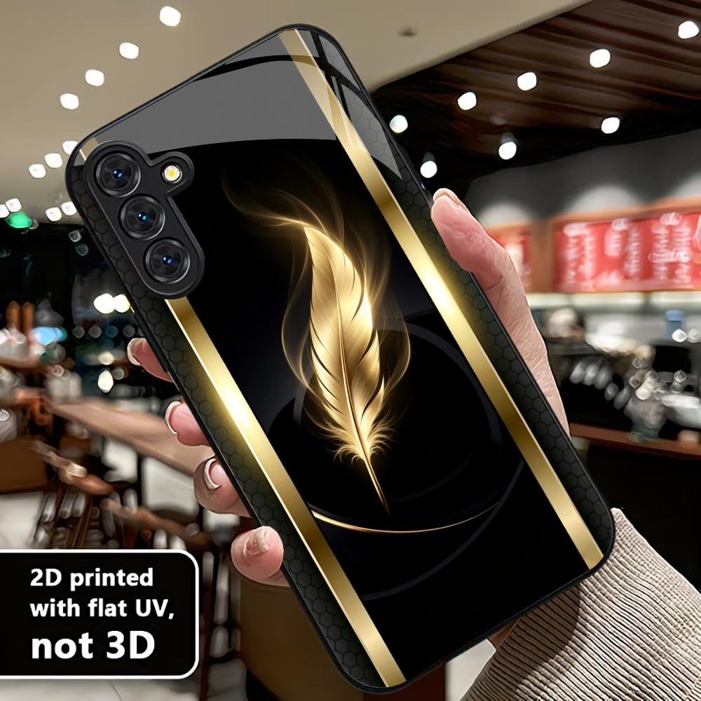 Phone Cases Quad Lock - 光沢のある金色の羽根模様のスマホケース S26 Ultraケース フォンケース クアッドロックガラス Samsung