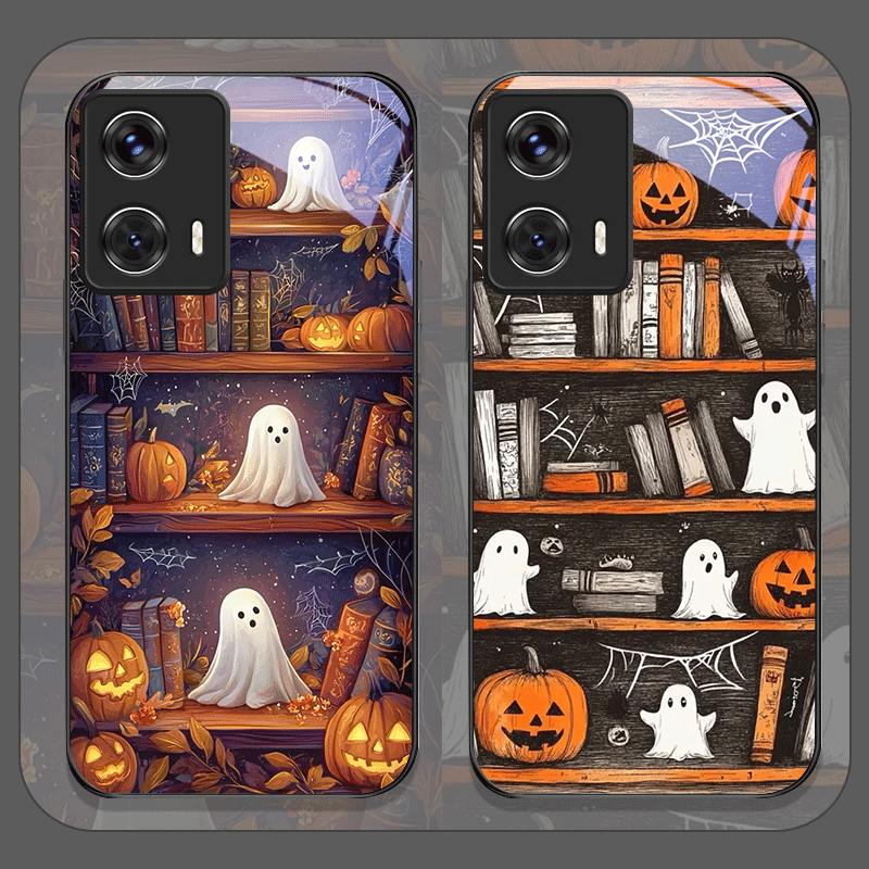 Phone Cases Motorola - ハロウィン パンプキン ゴースト 本棚 強化ガラス製 スマホケース