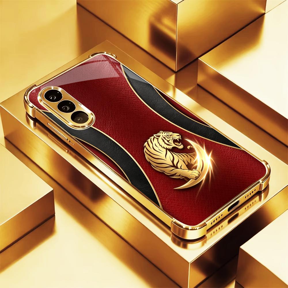 Phone Cases Quad Lock - 豪華なファッションゴールデンタイガー柄スマホケース S26 Ultraケース フォンケース クアッドロックガラス Samsung