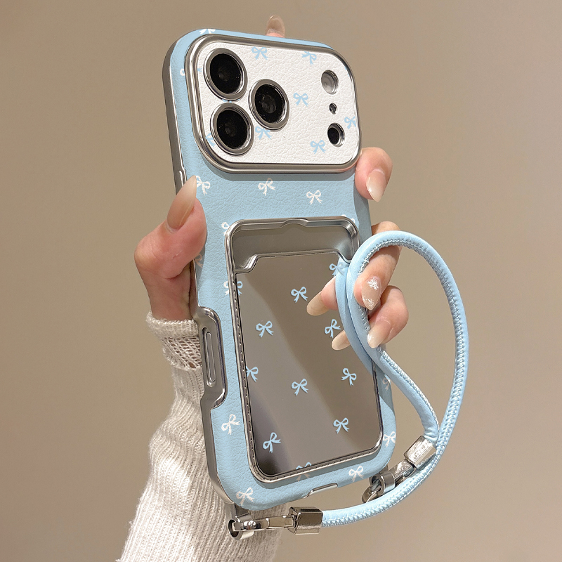 Phone Cases That Hold Cards - 可愛いリボン付きミラーカードホルダー付きiPhone17/16/15/14/13 Pro Max用スマホケース、ブルーリボンウォレットカードスロットケース、リストストラップ付き