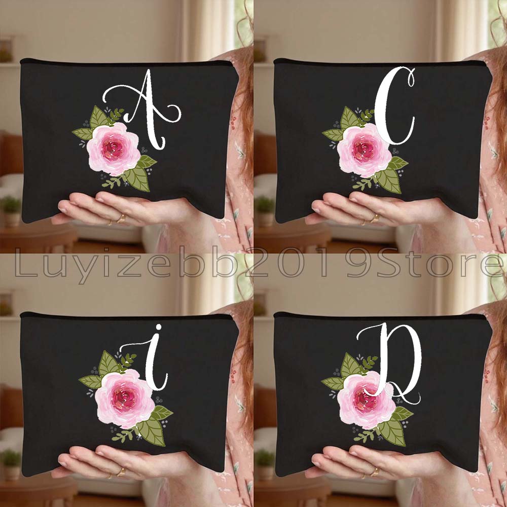 Monogram Custom Case - カスタムイニシャルモノグラムレター花柄キュートピンクローズフラワーギフトキャンバス化粧品メイクアップトラベル収納バッグペンシルケースポーチ