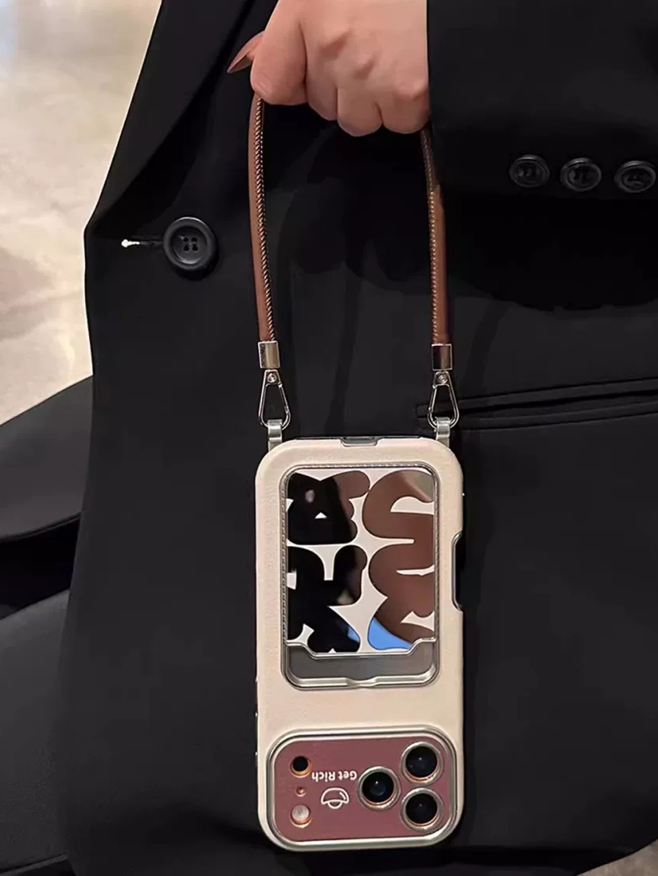 Phone Cases That Hold Cards - 高級レザーミラーカードホルダー付きリストストラップ付きiPhone17 16 15 14 13 12