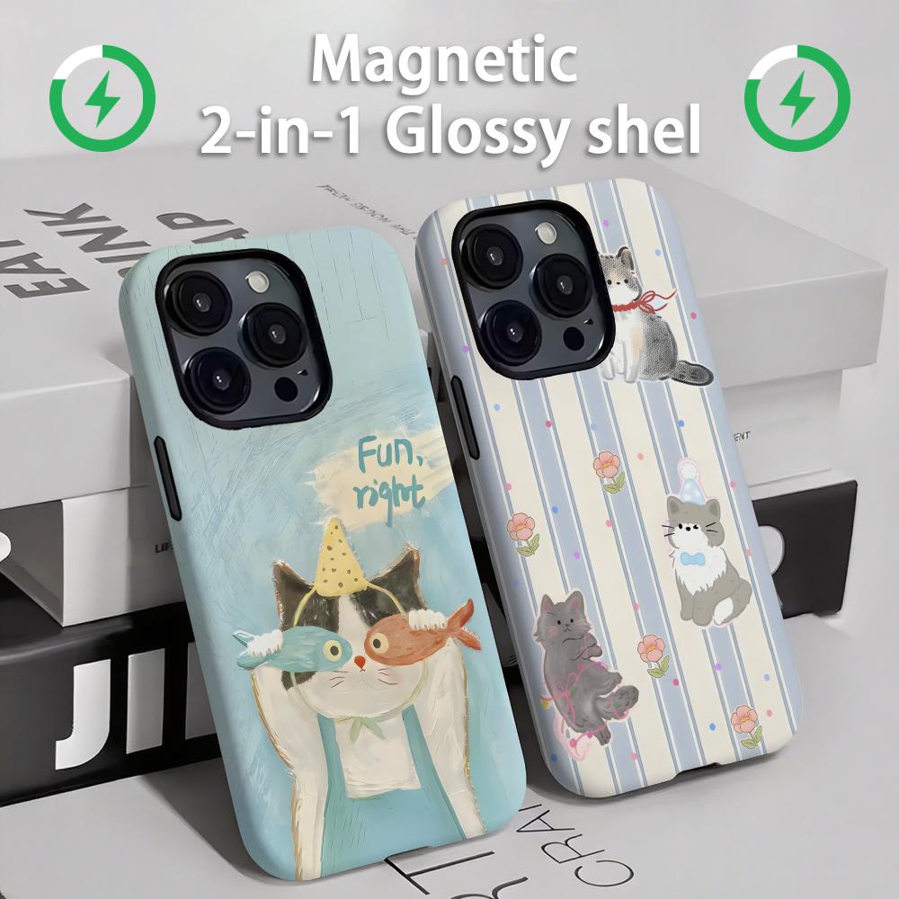 Phone Cases Xs - かわいい猫と犬のスマホケース マグネット式 2-in-1 光沢シェル iPhone 16e