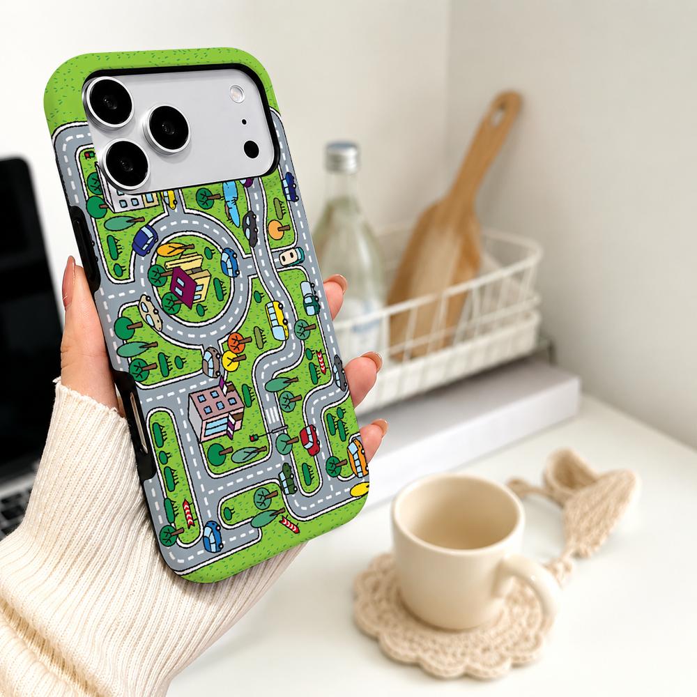 Phone Cases Kids - 子供用おもちゃの車、都市道路、電話ケース、フィルム素材、2-in-1シェル、iPhone 17、16、15、14、12、17Air、16e、13 Pro MAX、16Plus対応カバー