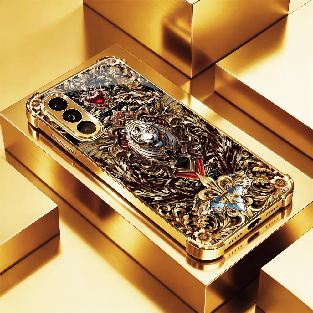 Phone Cases Quad Lock - 花柄ゴールデンタイガーファッションスマホケース s26 ultraケース クアッドロック フォンケース ガラス製