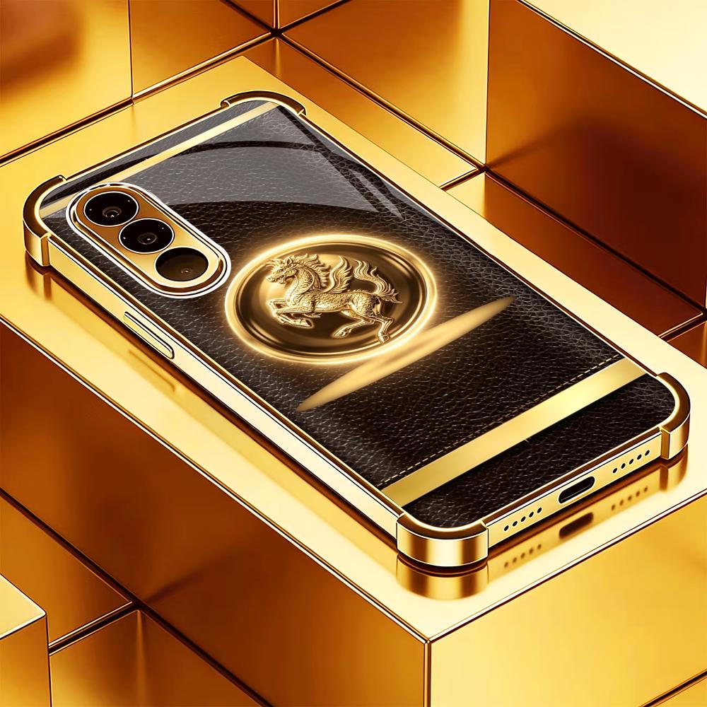 Phone Cases Quad Lock - 高級ブラウンゴールド馬柄スマホケース S26 Ultraケース フォンケース クアッドロックガラス Samsung