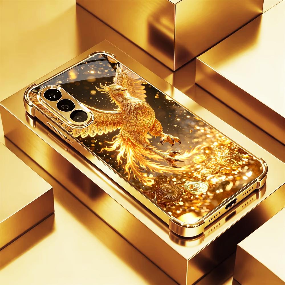 Phone Cases Quad Lock - 豪華な金色の鳥柄スマホケース S26 Ultraケース フォンケース クアッドロックガラス Samsung