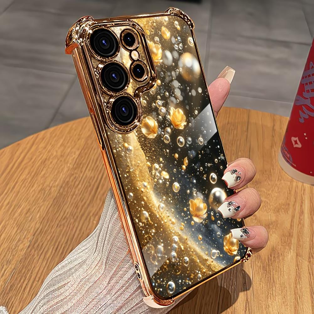Phone Cases Quad Lock - プレミアムゴールデンフラワー携帯ケース s26 ultraケース 폰케이스 クアッドロックガラス Samsung