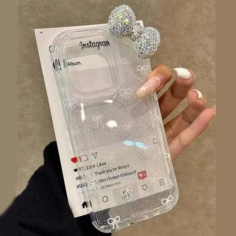 Phone Cases Best - ラグジュアリーなキラキラパウダー3Dフルダイヤモンドボウフォンケース iPhone 17 Air 16 15