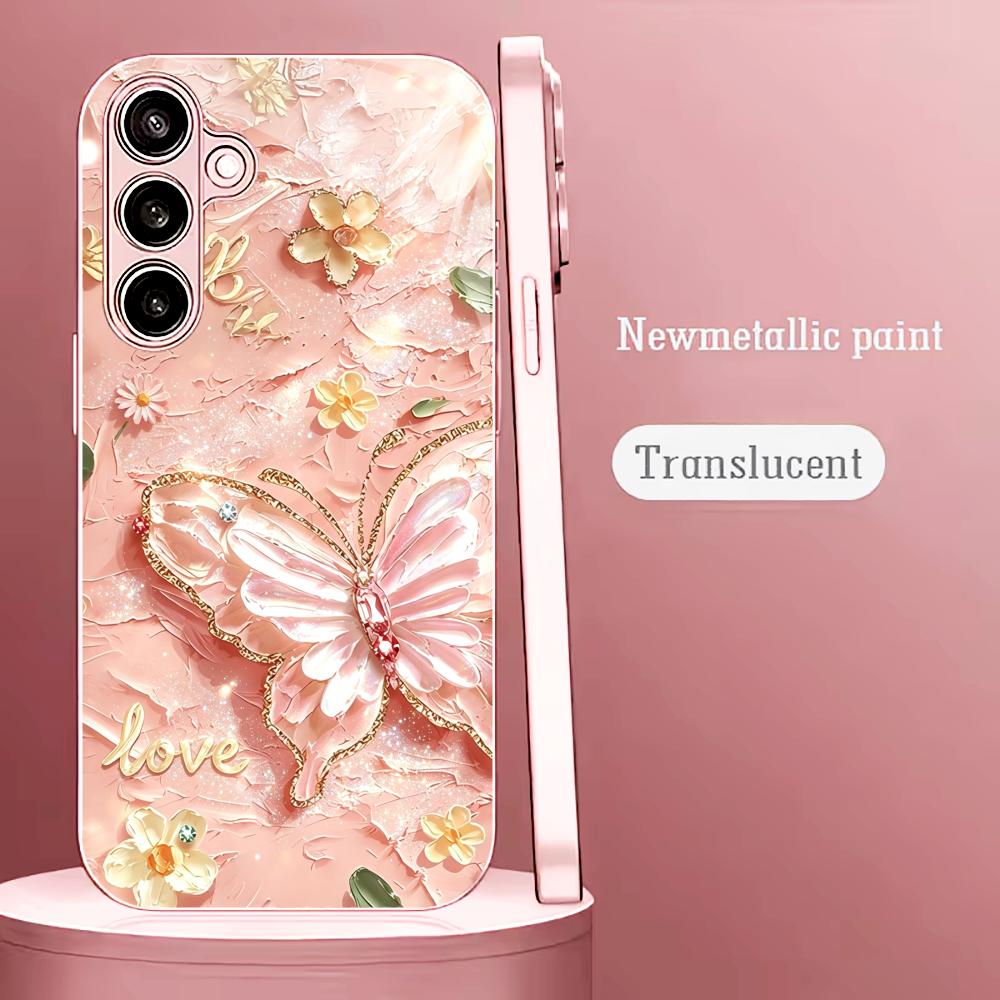 Phone Cases Quad Lock - ピンクグリッターバタフライファッションフォンケース s26 ultraケース クアッドロック フォンケース ガラス製