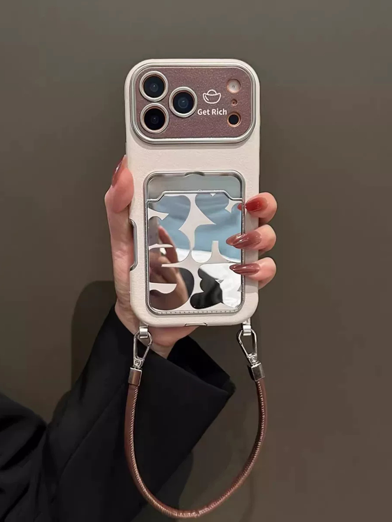 高級レザーミラーカードホルダー付きリストストラップ付きiPh - Phone Cases That Hold Cards のレビューと価格