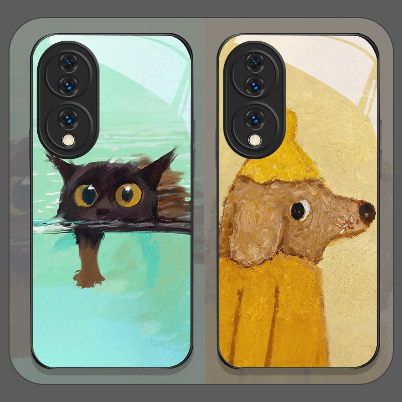 油絵風黄色い犬と黒い猫の強化ガラス製スマホケース Redmi - Phone Cases Yellow のレビューと価格